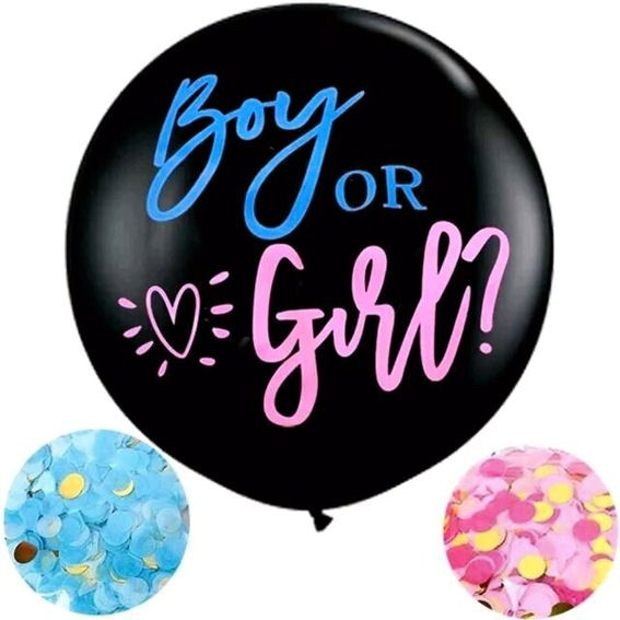 Ballon-Set 'Boy or Girl?' schwarzer Ballon mit blauem + pinkem Konfetti